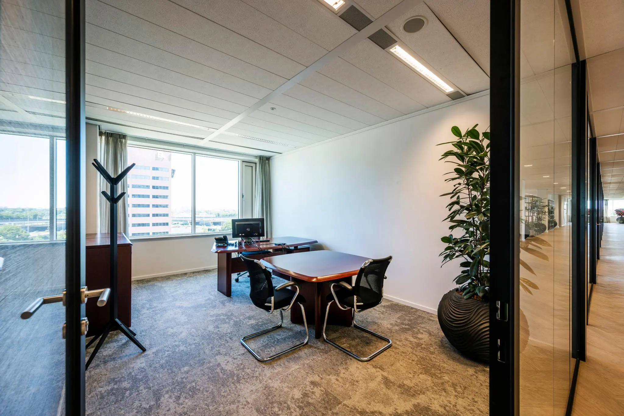 Modern ingericht kantoor aan de Thomas R. Malthusstraat met bureau, vergadertafel, grote plant en uitzicht op een kantoorgebouw.